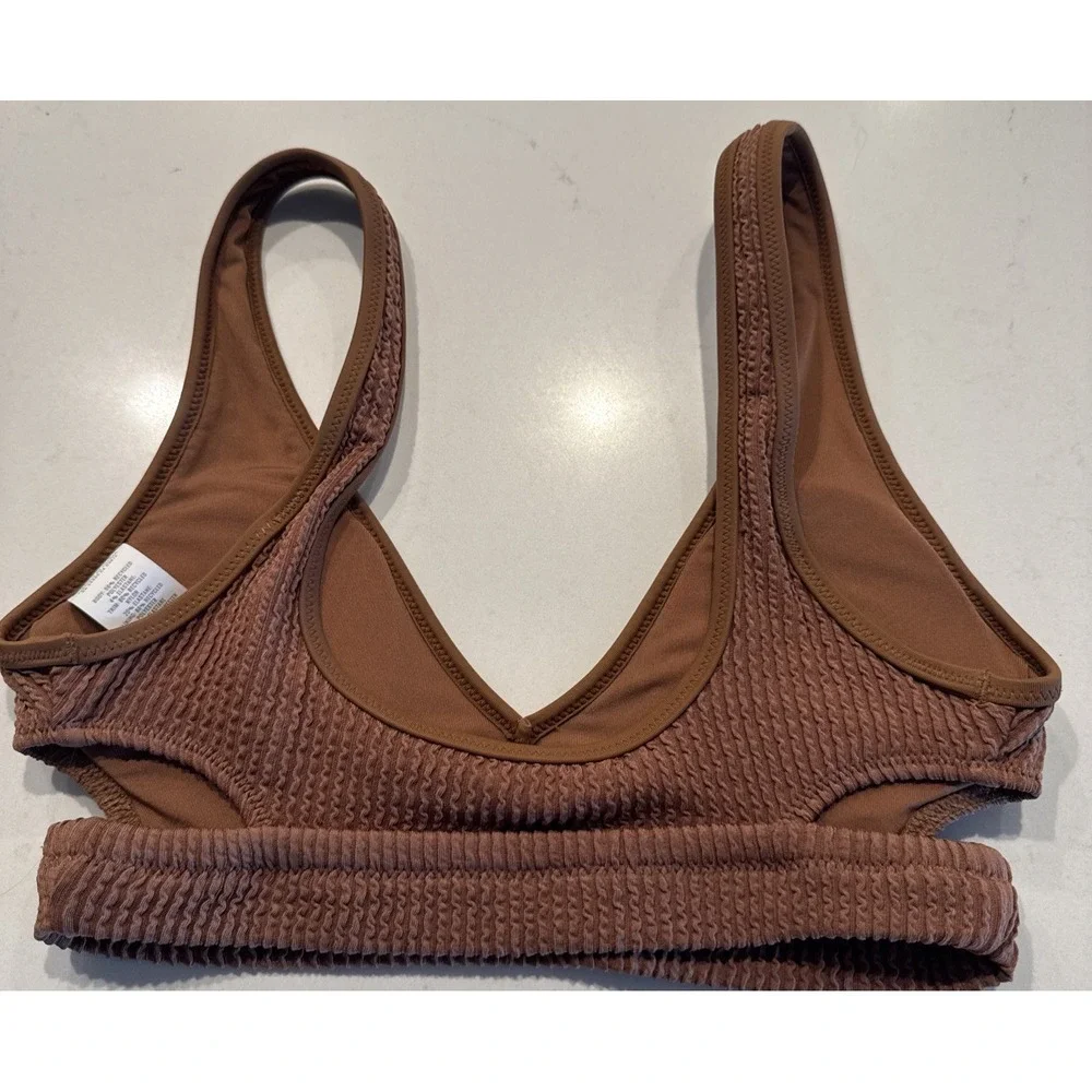 Aerie Crinkle Scoop Encolure Degagee Cut Out Bikini Top Size XS Brown Textured